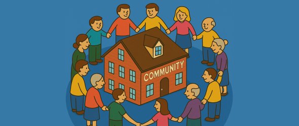 Bild von einem großen Gemeinschaftshaus umgeben von einer Gruppe Menschen im Kreis. Der Hintergrund ist blau.