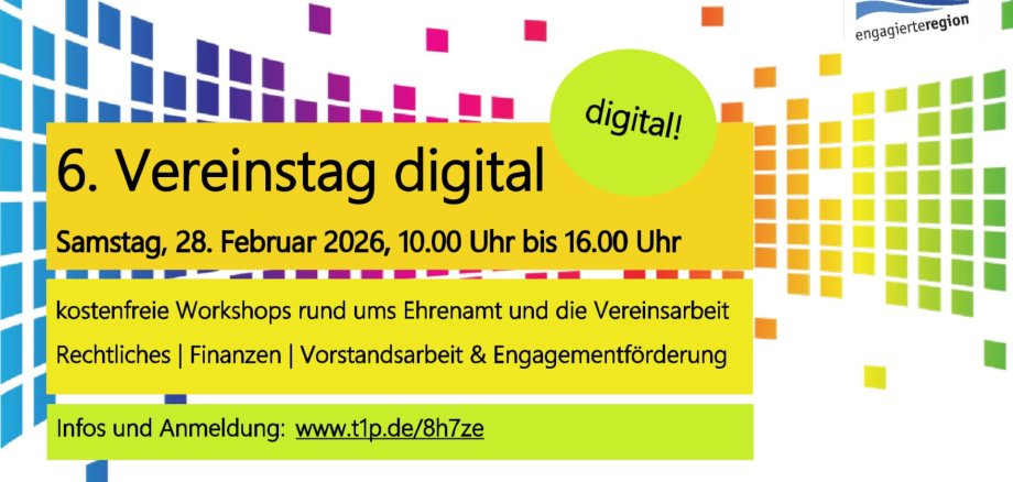 Vereinstag Grafik mit bunten quadratischen Farbverläufen, die nach rechts hin auseinanderlaufen. In der Mitte steht ein gelber Kasten mit dem Titel „6. Vereinstag digital“ und Informationen zu Datum, Uhrzeit, Workshops und Anmeldelink.