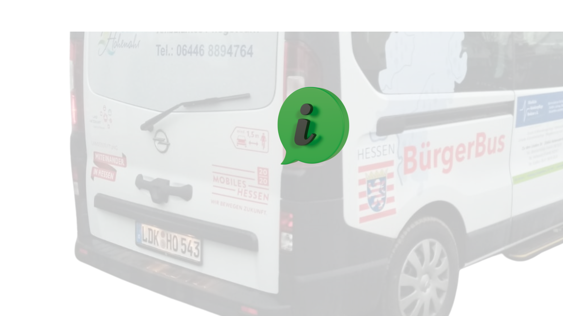 leicht transparentes Bild von dem Bürgerbus Hohenahr; daneben eine grünes Symbol Information und Text dass der Bürgerbus nach Reparaturarbeiten ab dem 16.02.2026 wieder zur Verfügung steht.